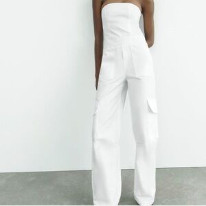 Zara White Strapless Cargo Jumpsuit Size S
